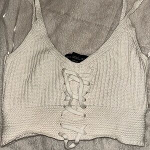 Streetwear Society Ivory Knit Lace-Up Crop Top